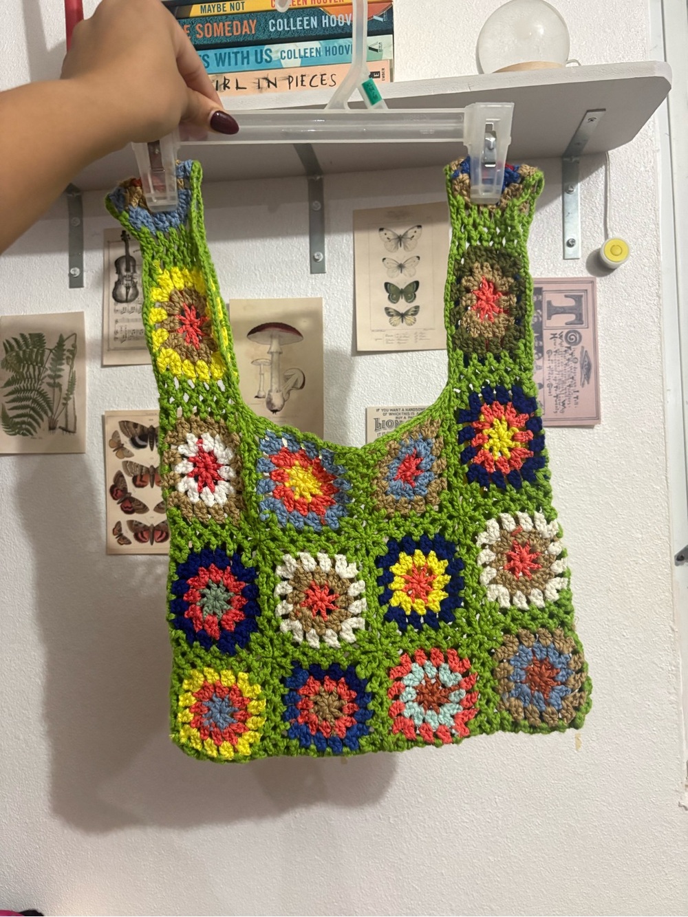 Handmade Crochet Shoulder Bag in Green Multicolor
